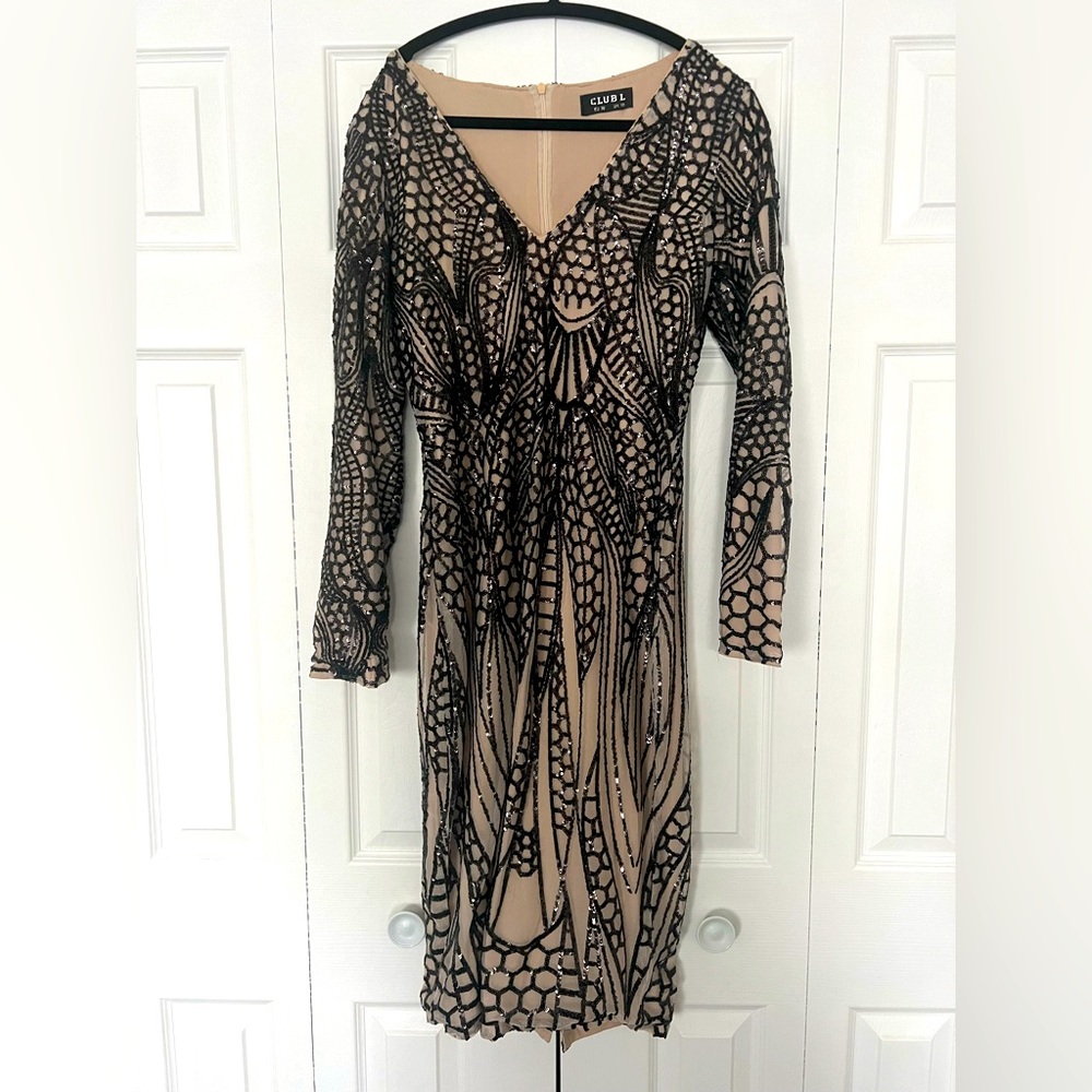 Illusion black sequin midi long sleeve dress.